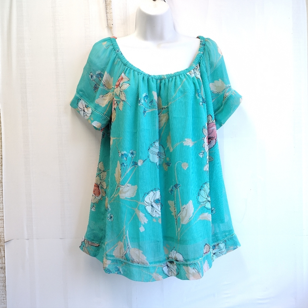 St Johns Bay Women's Floral Short Sleeve Blouse Lined Tunic - Turquoise Size L